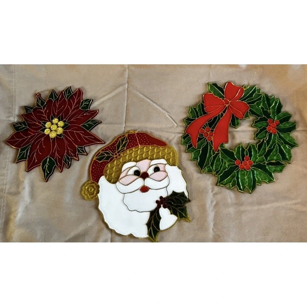 Vintage Plastic Christmas Suncatchers Stain Glass Window Decor Lot Of 3 W/Hooks